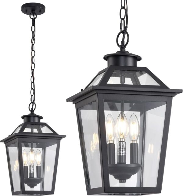 Large Outdoor Pendant Light Fixtures 3-Light Black Exterior Hanging Lantern with Clear