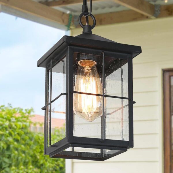 Outdoor Pendant Light Fixture Black Ceiling Outdoor Light with Seeded Glass