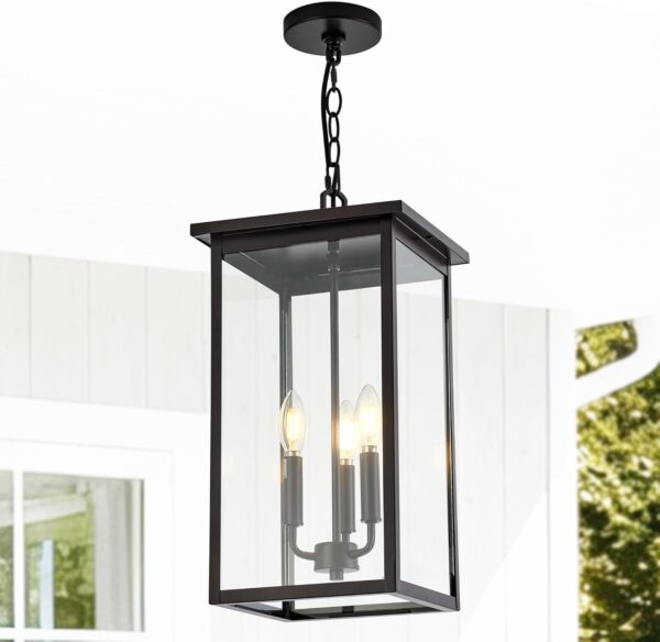 Large Outdoor Pendant Light Fixtures 4-Light Black Exterior Hanging Lantern with Clear