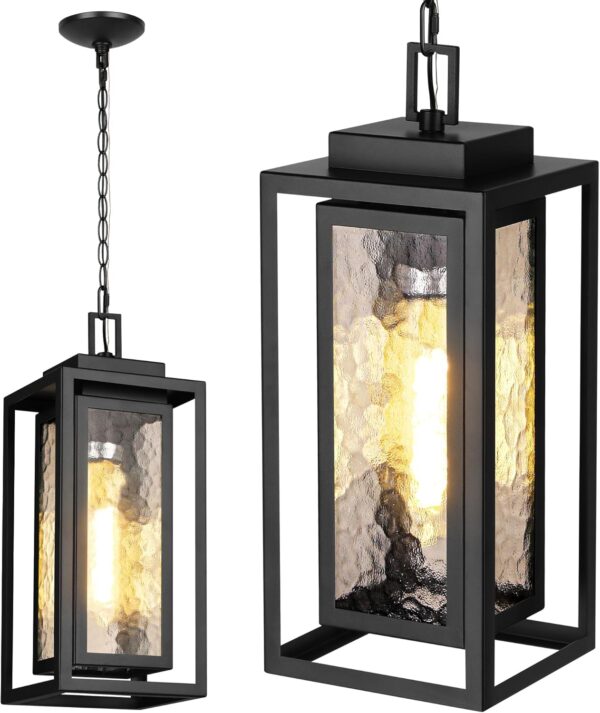 15" Outdoor Pendant Light Black Outdoor Chandelier with Water-Ripple Glass