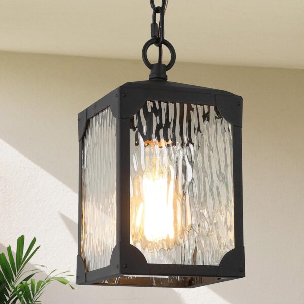 Outdoor Pendant Light Fixture Black Ceiling Outdoor Light with Water Ripple Glass